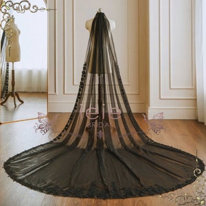 Gothic Black Long Cathedral Length Wedding Veil with Lace Edge | VG3045