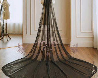 Gothic Black Long Cathedral Length Wedding Veil with Lace Edge | VG3045