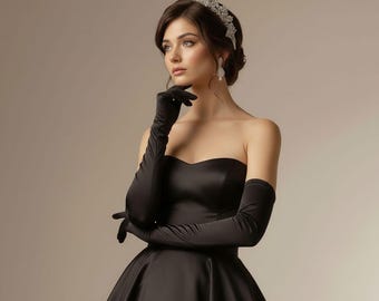Lange schwarze Satin-Armstulpen: Elegante Oper, Abschlussball, Roter Teppich-Veranstaltungen