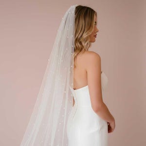 Long Pearl Veil in Cathedral and Chapel Length, Pearl Wedding Veil | VG3049B