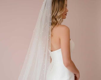 Velo de novia largo estilo catedral con perlas: tul francés suave, peineta plateada