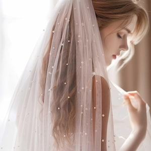 Long Pearl Veil in Cathedral and Chapel Length, Pearl Wedding Veil | VG3049B