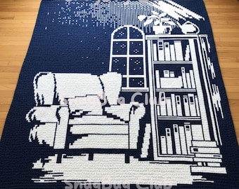 Bookshelf Overlay Mosaic Crochet Blanket PDF Pattern, Library Reading Room Books and Plants Crochet Design