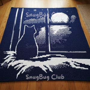 Cat Sits on a Window Overlay Mosaic Crochet Blanket PDF Pattern, Animal Nature Crochet Design
