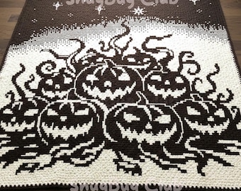 Halloween Pumpkins Overlay Mosaic Crochet Blanket PDF Pattern, Scary Gothic Spooky Crochet Design
