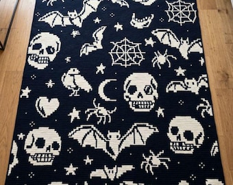 Halloween Pattern Overlay Mosaic Crochet Blanket PDF Pattern, Skull Spiders and Bats Spooky Crochet Design