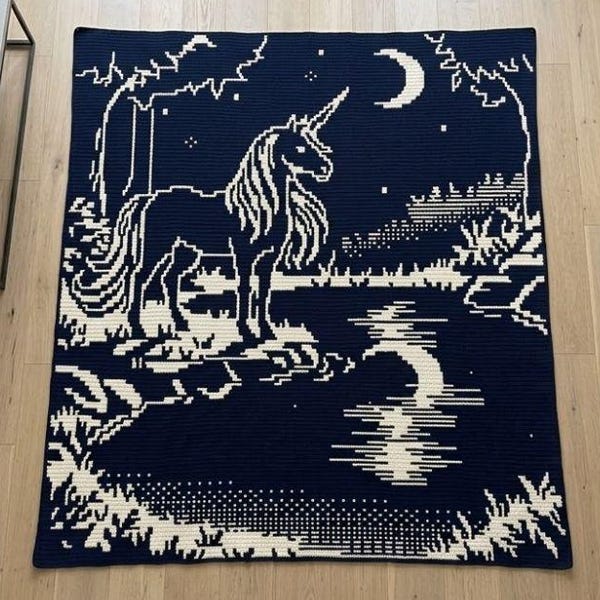 Couverture au crochet en mosaïque avec superposition de licorne dans un lac, motif PDF, motif au crochet pour enfants, fantaisie animale