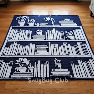 Bookshelf Overlay Mosaic Crochet Blanket PDF Pattern, Library Books and Plants Crochet Design
