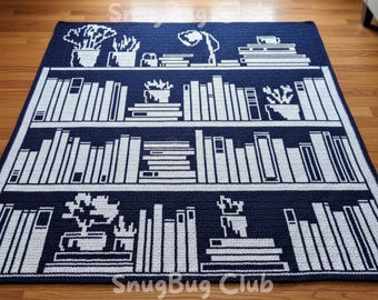 Bookshelf Overlay Mosaic Crochet Blanket PDF Pattern, Library Books and Plants Crochet Design