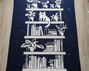 Cat Bookshelf Overlay Mosaic Crochet Blanket PDF Pattern, Library Books and Plants Crochet Design