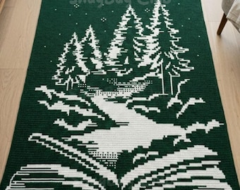 Modello PDF per coperta all'uncinetto con mosaico sovrapposto a libro sulla natura, design fantasy di foresta boschiva