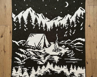 Campfire in Nature Overlay Mosaic Crochet Blanket PDF Pattern, Forest Camping Tent Crochet Design