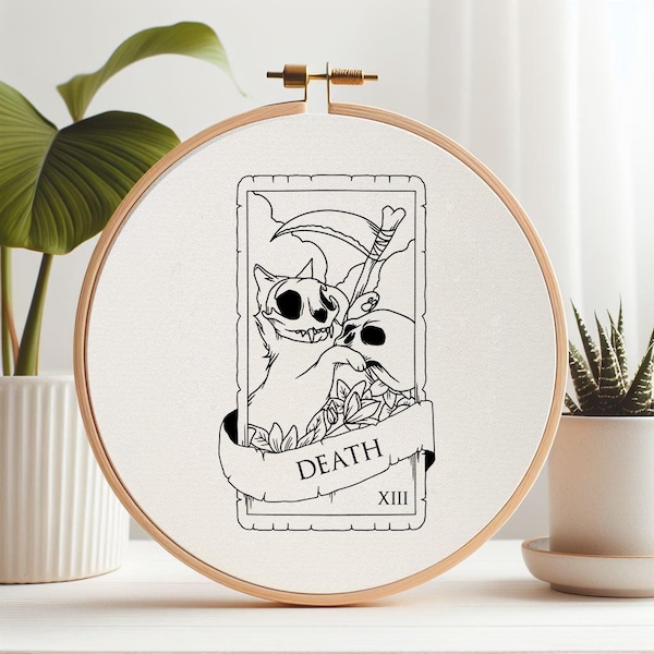 Death Cat Tarot Card Hand Embroidery Pattern , Animal Beginner Friendly PDF , DIY Hoop Witchy Gothic Art , Easy  Embroidery Celestial