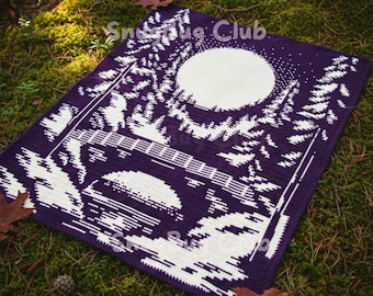 Bridge in Forest Overlay Mosaic Crochet Blanket PDF Pattern, Woodland Nature Trees Moon Design