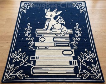 Dragon on Books-overlay mozaïek gehaakte deken pdf-patroon, gehaakt fantasiebibliotheekontwerp