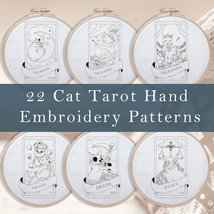 Set van 22 Hand Embroidey Cat Tarot Kaarten Patronen, Hand Borduren Witchy Borduur PDF, The Lover Fool Judgmenet Kaarten
