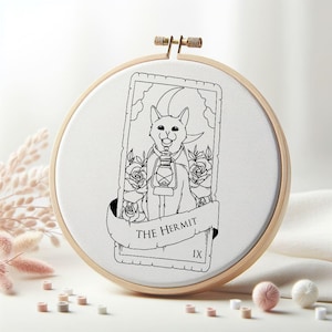 The Hermit Cat Tarot Card Hand Embroidery Pattern , Animal Beginner Friendly PDF , DIY Hoop Cute Witchy Art , Easy Embroidery Celestial