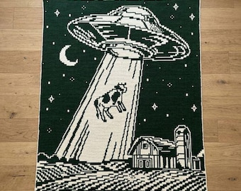 Funny UFO Cow Abduction Overlay Mosaic Crochet Blanket PDF Pattern, Space Spaceship Crochet Design