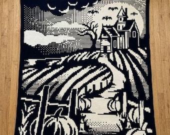 Halloween Haunted House Overlay Mosaic Crochet Blanket PDF Pattern, Scary Gothic Bats Spooky Crochet Design