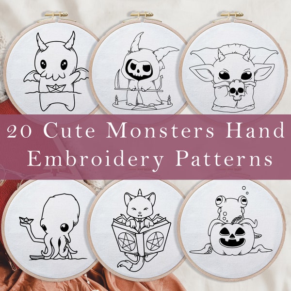 Set von 20 niedlichen Hand Embroidey Monster, Cthulhu Lustige Anfänger freundliche PDF, einfache Halloween Stickerei, Vampir Sensenmann Patterns