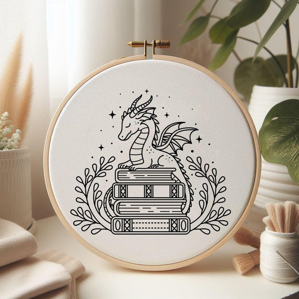 Dragon With Books Hand Embroidery Pattern , Cute Easy Fantasy Magical Beginner Friendly Pattern PDF , Floral Books Embroidery Design