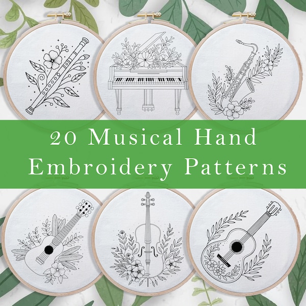 Set of 20 Musical Instruments Hand Embroidery , Floral Beginner Friendly PDF , Easy Piano Guitar Embroidery, Violin Banjo Drums Patterns
