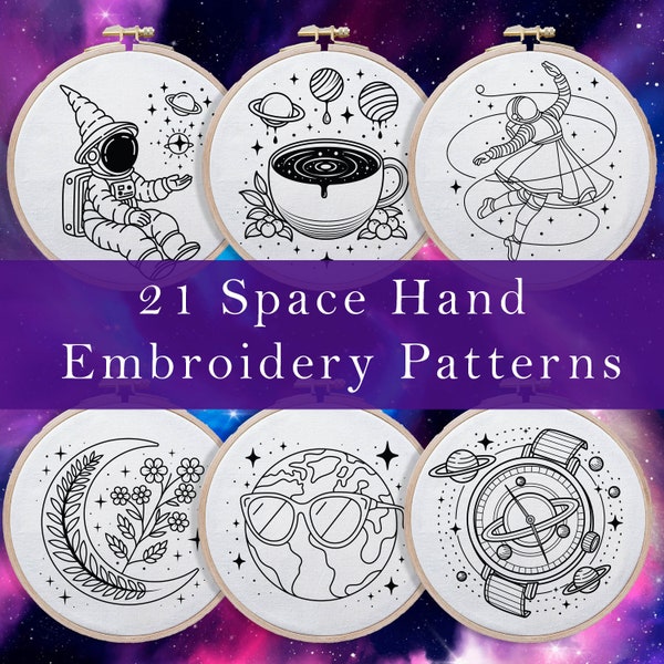 Set of 21 Hand Embroidery Space Patterns, Astronaut Galaxy Beginner Friendly Embroidery PDF , Funny Cute Magic Hand Embroidery