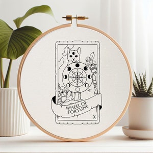 幸運の輪 猫 タロット カード 手刺繍パターン、動物 初心者向け PDF、DIY フープ 魔女 アート、簡単刺繍 天体