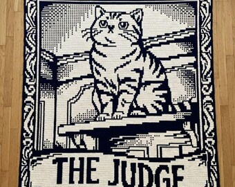 The Judge Cat Tarot Card Mosaic Overlay Crochet Blanket PDF Pattern, Halloween Animal Funny Crochet Design
