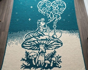 Patrón PDF de manta de ganchillo con mosaico superpuesto de oruga de Alicia en el País de las Maravillas, manta de libro de fantasía