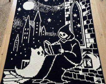 Grim Reaper Halloween Overlay Mosaic Crochet Blanket PDF Pattern, Ghost Gothic Spooky Crochet Design