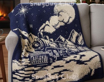 Padrão em PDF para manta de crochê com mosaico de trem nevado de Natal