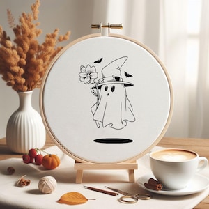 Halloween Cute Ghost With Flower Hand Embroidery Pattern , Funny Easy Beginner Friendly Pattern PDF , Holiday Embroidery Design