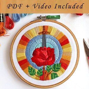 Stained Glass Rose Hand Embroidery Pattern Video Tutorial And PDF , Easy Beginner-Friendly Rose Flower Design For Download
