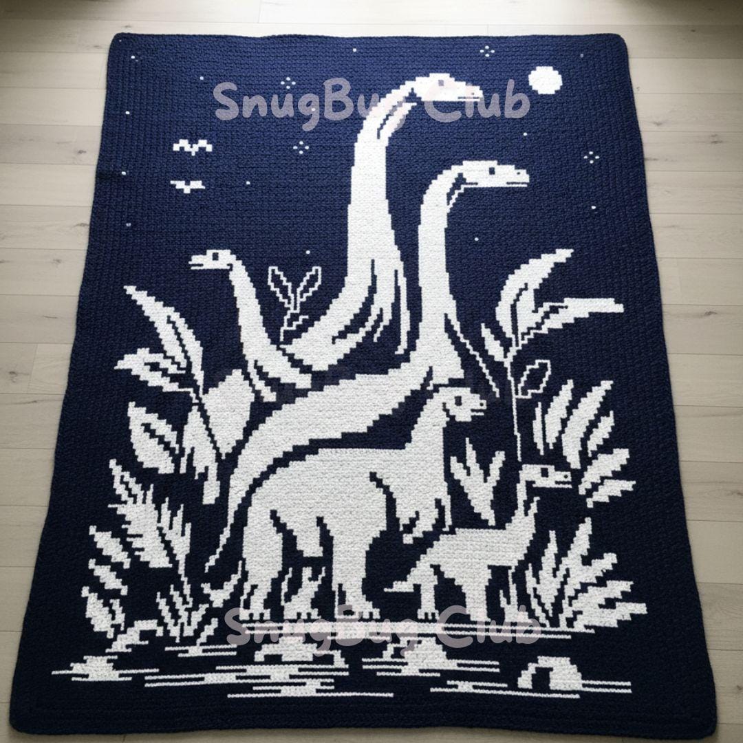 40 Dinosaur Blanket Crochet Patterns to Stitch for Kids, Nurseries, and Dino Fans 26 Dino Family Overlay Mosaic Crochet Blanket