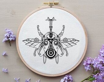 Steampunk Beetle Hand Embroidery Pattern , Animal Beginner Friendly PDF , DIY Hoop Art Easy Cyberpunk Embroidery , Bug Insect Embroidery
