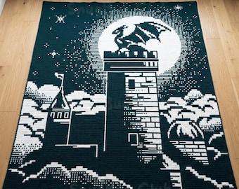 Dragon in a Castle Overlay Mosaic Crochet Blanket PDF Pattern, Fantasy Crochet Design