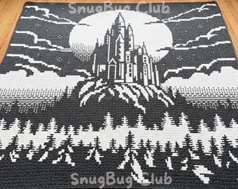 Forest Castle Overlay Mosaic Crochet Blanket PDF Pattern, Holiday Fantasy Gothic Crochet Blanket