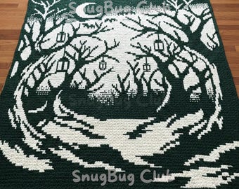 Haunted Forest Overlay Mosaic Crochet Blanket PDF Pattern, Halloween Gothic Spooky Crochet Design