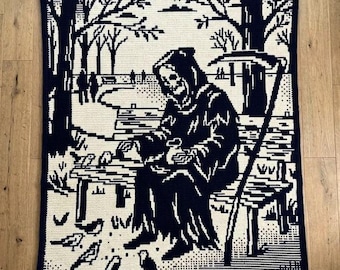 Grim Reaper Bird Feeding Overlay Mosaic Crochet Blanket PDF Pattern, Halloween Gothic Spooky Crochet Design