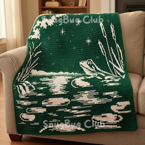 Frog in a Lake Overlay Mosaic Crochet Blanket PDF Pattern, Woodland Nature Lily Pad Animal Design