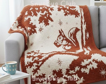 Patrón PDF de manta de crochet con mosaico de ardilla leyendo un libro, diseño de crochet de fantasía divertido de otoño