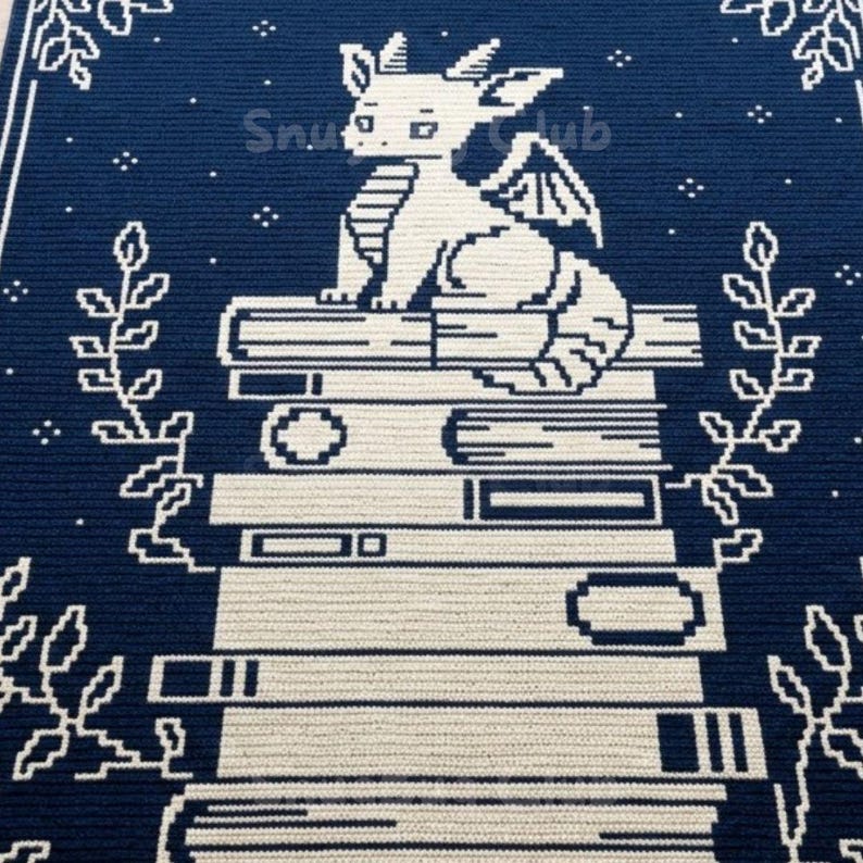 Pode incluir: Um tapete de croch&ecirc; azul marinho e branco com um drag&atilde;o sentado em cima de uma pilha de livros. O tapete tem uma borda com padr&otilde;es florais e de estrelas, e o texto "Snu Club" &eacute; vis&iacute;vel.