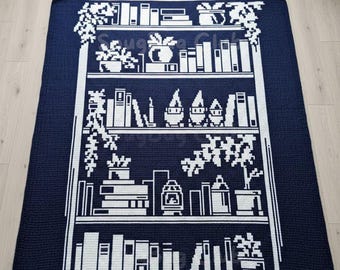 Gnomes Bookshelf Overlay Mosaic Crochet Blanket PDF Pattern, Library Books and Plants Crochet Design