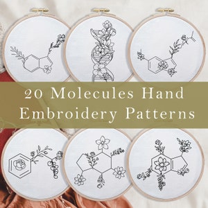 Set of 20 Hand Embroidey Science Molecules , DNA Beginner Friendly PDF , Serotonin Melatonin Dopamine Embroidery, Caffeine Lab Embroidery