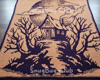 Haunted House Overlay Mosaic Crochet Blanket PDF Pattern, Halloween Gothic Spooky Crochet Design