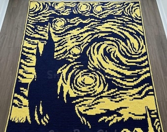 Patrón PDF de manta de ganchillo con mosaico superpuesto "Noche estrellada", diseño de pintura a ganchillo.