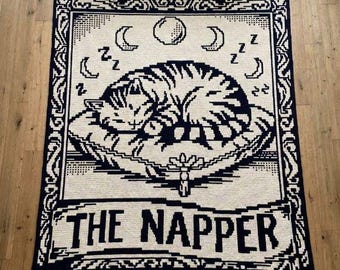The Napper Cat Tarot Card Mosaic Overlay Crochet Blanket PDF Pattern, Halloween Animal Funny Crochet Design