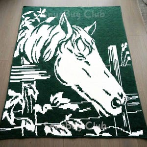 May include: A dark green and white crocheted blanket featuring a horse's head. The horse is depicted in white against a dark green background, with a fence and foliage in the design. The text "Busy Bug Club" is visible.