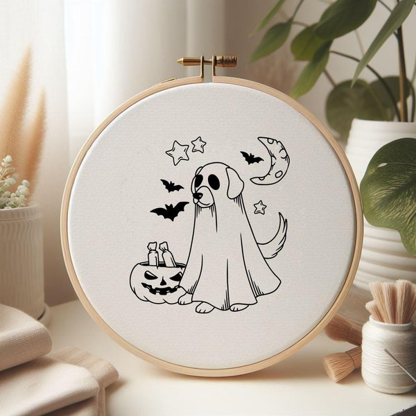 Halloween Dog Ghost Hand Embroidery Pattern , Funny Easy Beginner Friendly Pattern PDF , Holiday Embroidery Design